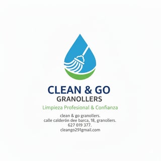 Clean & Go Granollers logo featuring a blue water droplet with a broom icon and green base, professional cleaning service